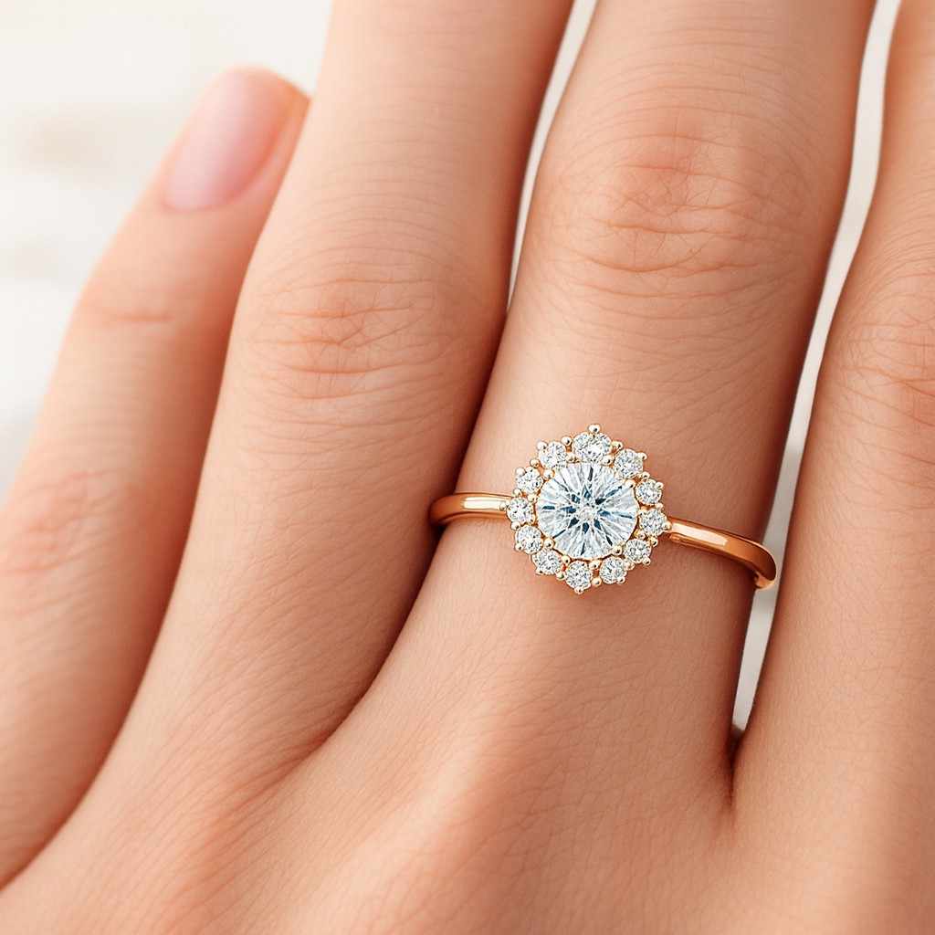 Round Cut Lab Grown Diamond Halo Ring Pave Set Eco Friendly Diamond Accent Ring For Gift Claw Prong Set Bridal Wedding Ring For