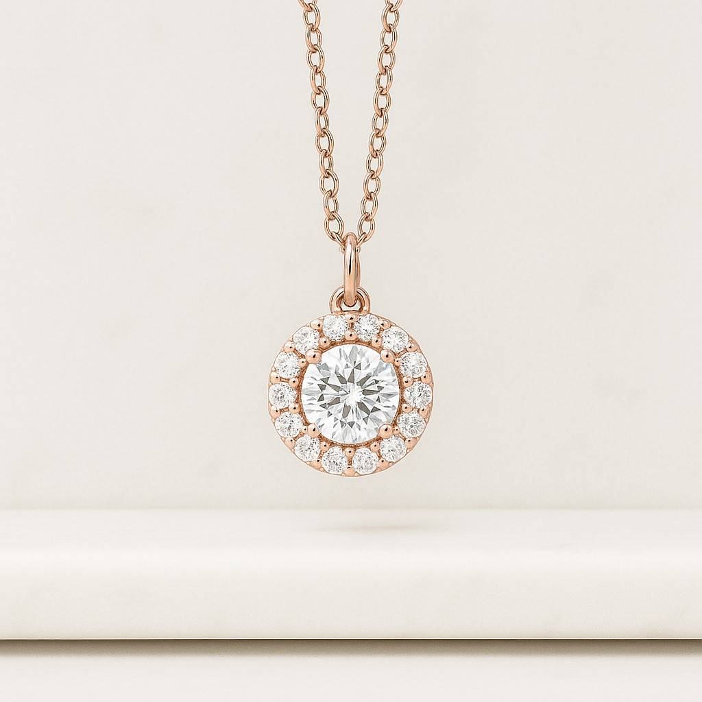 Round Cut Lab Grown Diamond Halo Solitaire Necklace CVD Diamond Wedding Necklace Prong Set Hand Made Diamond Necklace