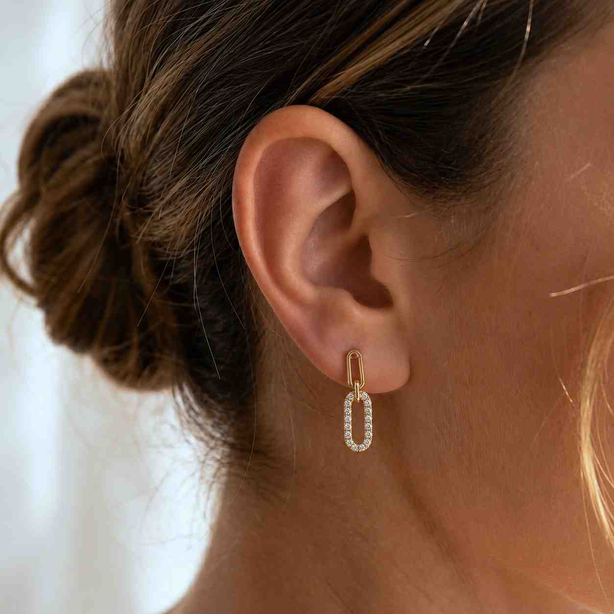 Round Cut Lab Grown Diamond Link Earrings, Conflict Free Diamond Paper Clip Earrings, 14K Solid Gold Earrings, Screw Back Diamond Earrings