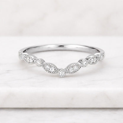Round Cut Lab Grown Diamond Ring, Vintage Handcrafted Engraved Band, Three Stone Curved Milgrain Edges Ring, 14K Gold Engagement Gift Ring
