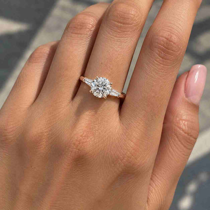 Round Cut Lab Grown Diamond Three Stone Ring, Side Tapered Baguette Diamond Ring, 14K White Gold Ring, Double Claw Prong Set Trilogy Rin