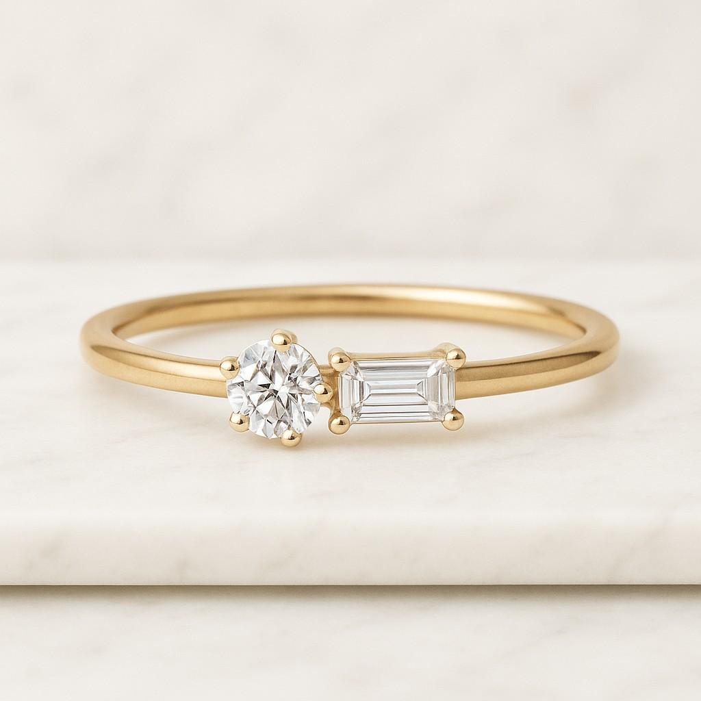 round cut lab grown diamond three stone ring side tapered baguette diamond ring, 14k white gold ring double claw prong set trilogy ring