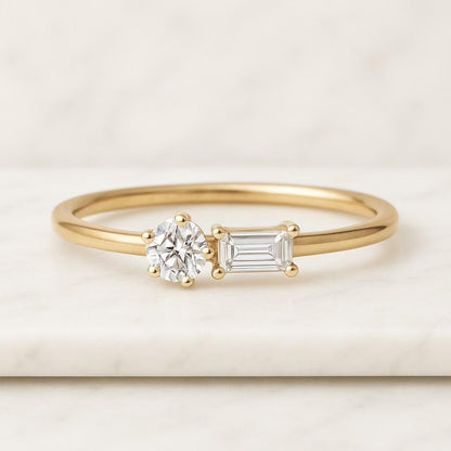 Round Cut Lab Grown Diamond Three Stone Ring Side Tapered Baguette Diamond Ring, 14K White Gold Ring Double Claw Prong Set Trilogy Ring