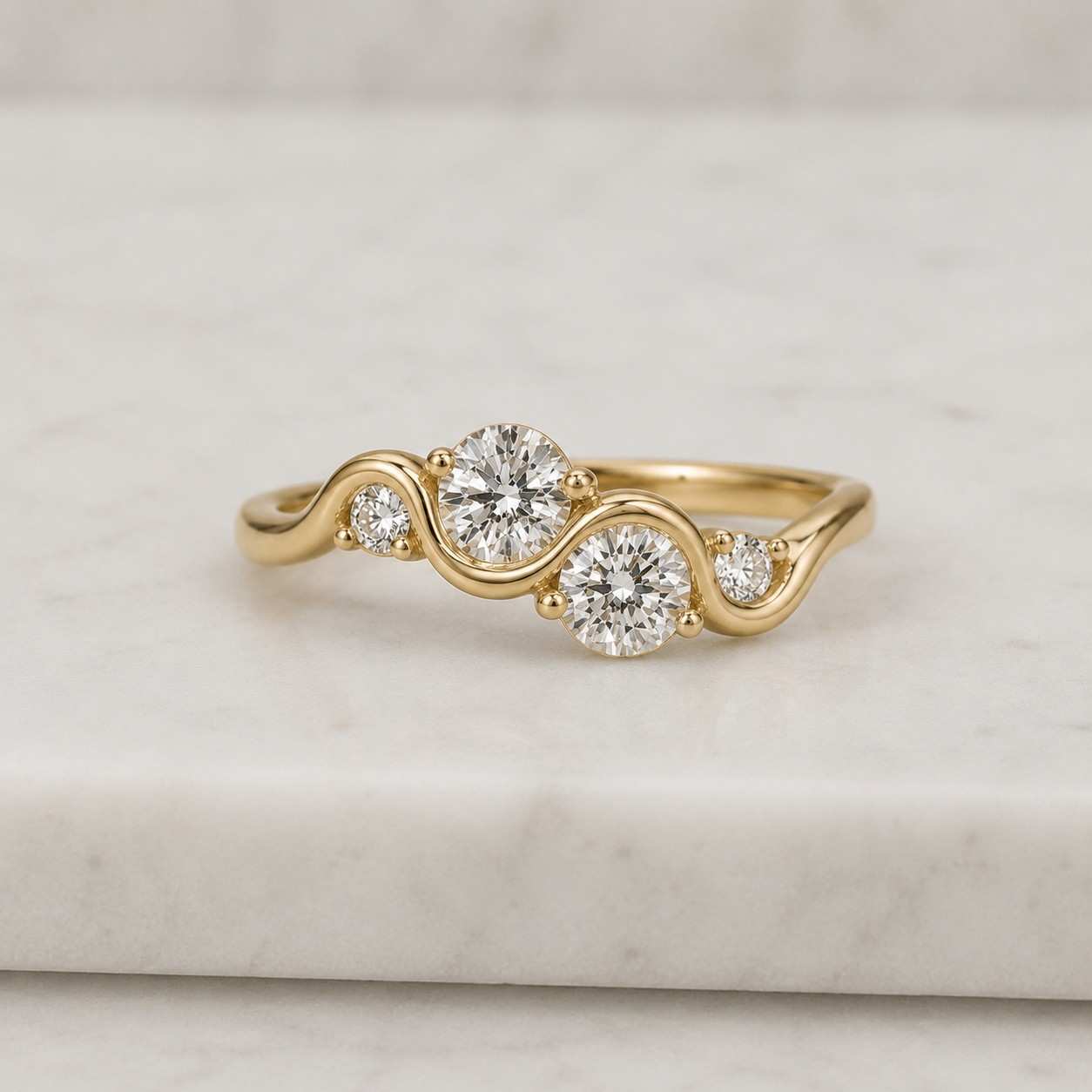 round cut lab grown diamond wave engagement ring, elegant wavy diamond wedding ring, 14kt gold minimalist jewellery
