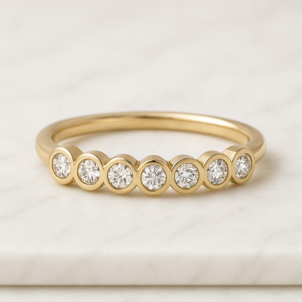 round cut moissanite bezel set wedding band solid yellow gold unique 4 stone half eternity matching band