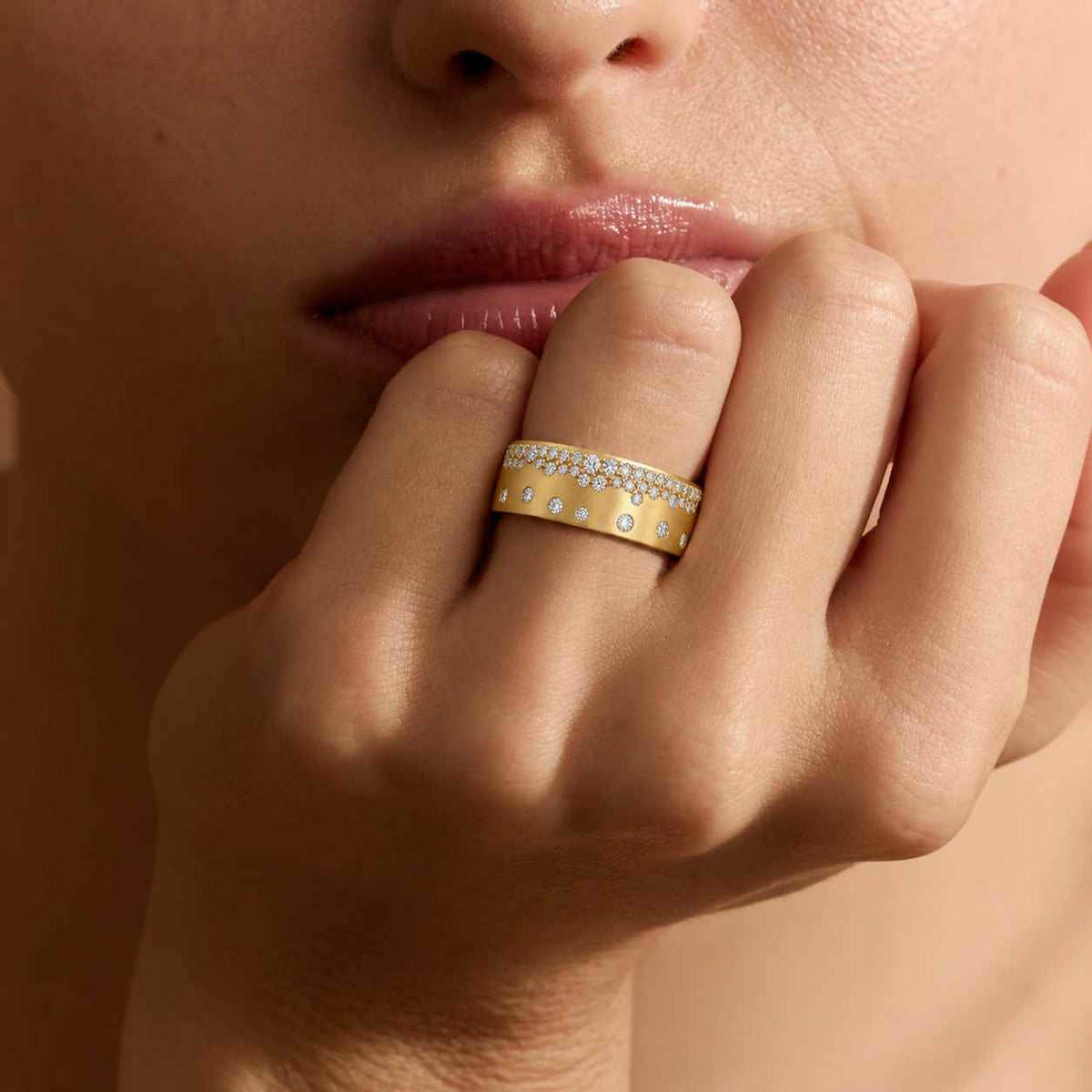 round cut moissanite cluster ring, 14k gold wide cigar band, pave diamond look eternity ring, stackable wedding band, anniversary gift
