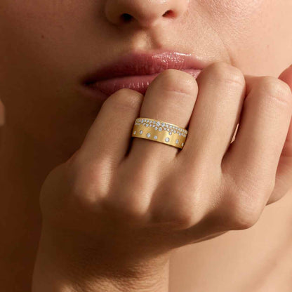 Round Cut Moissanite Cluster Ring, 14K Gold Wide Cigar Band, Pave Diamond Look Eternity Ring, Stackable Wedding Band, Anniversary Gift
