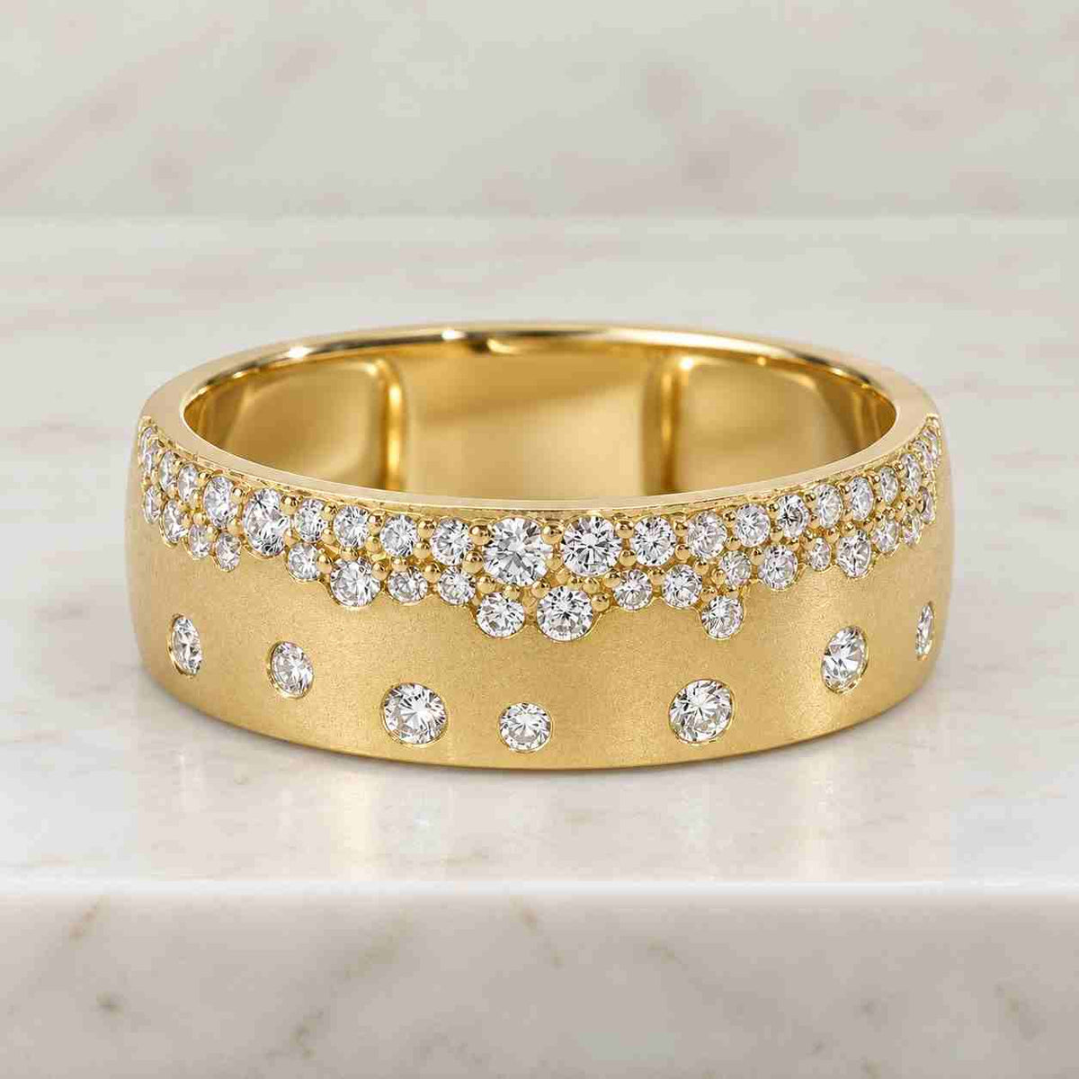 round cut moissanite cluster ring, pave setting engagement cigar band, 14k gold unique wide band, cocktail stackable wedding scattered band
