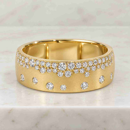 Round Cut Moissanite Cluster Ring, Pave Setting Engagement Cigar Band, 14K Gold Unique Wide Band, Cocktail Stackable Wedding Scattered Band
