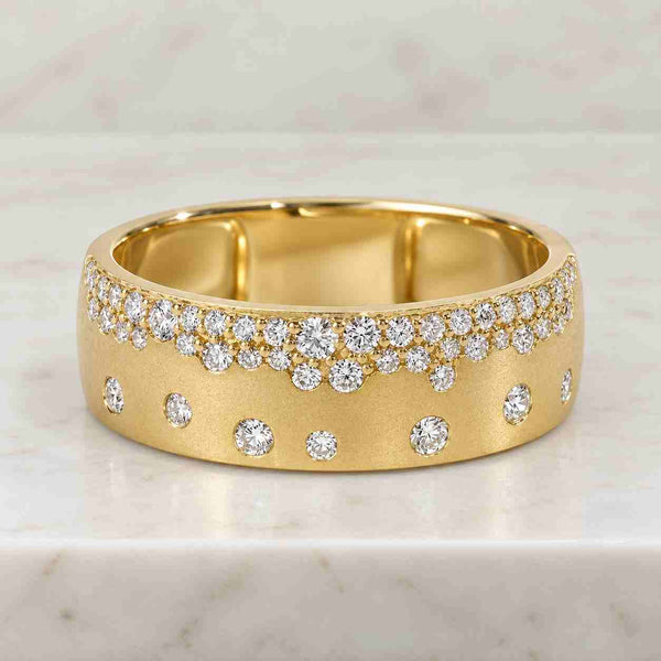 Round Cut Moissanite Cluster Ring, Pave Setting Engagement Cigar Band, 14K Gold Unique Wide Band, Cocktail Stackable Wedding Scattered Band
