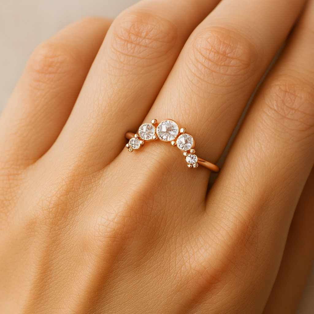 round cut moissanite diamond wedding band dainty delicate stackable matching ring minimalist diamond curved rose gold band handmade ring