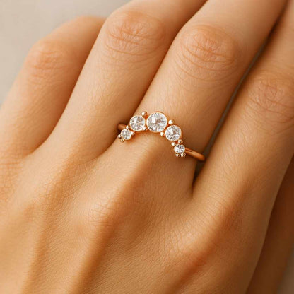 Round Cut Moissanite Diamond Wedding Band Dainty Delicate Stackable Matching Ring Minimalist Diamond Curved Rose Gold Band Handmade Ring
