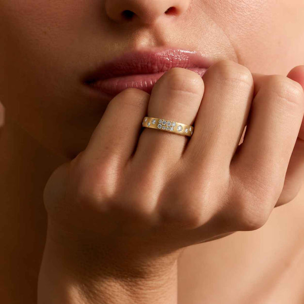 Round Cut Moissanite Flush Set Wedding Band Ring In 10k Solid Gold, Wide Solitaire Engagement Ring, Anniversary Birthday Gift
