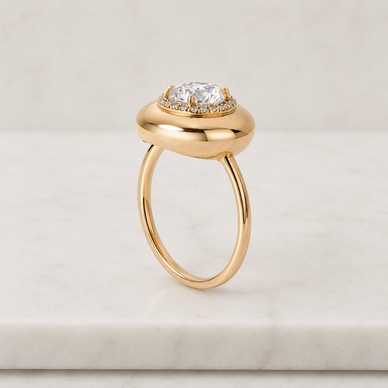 Round Cut Moissanite Ring, Candy Button Design Halo With Chunky Bezel Setting Engagement Ring, 14K Solid Yellow Gold Unique Women Gift Ring