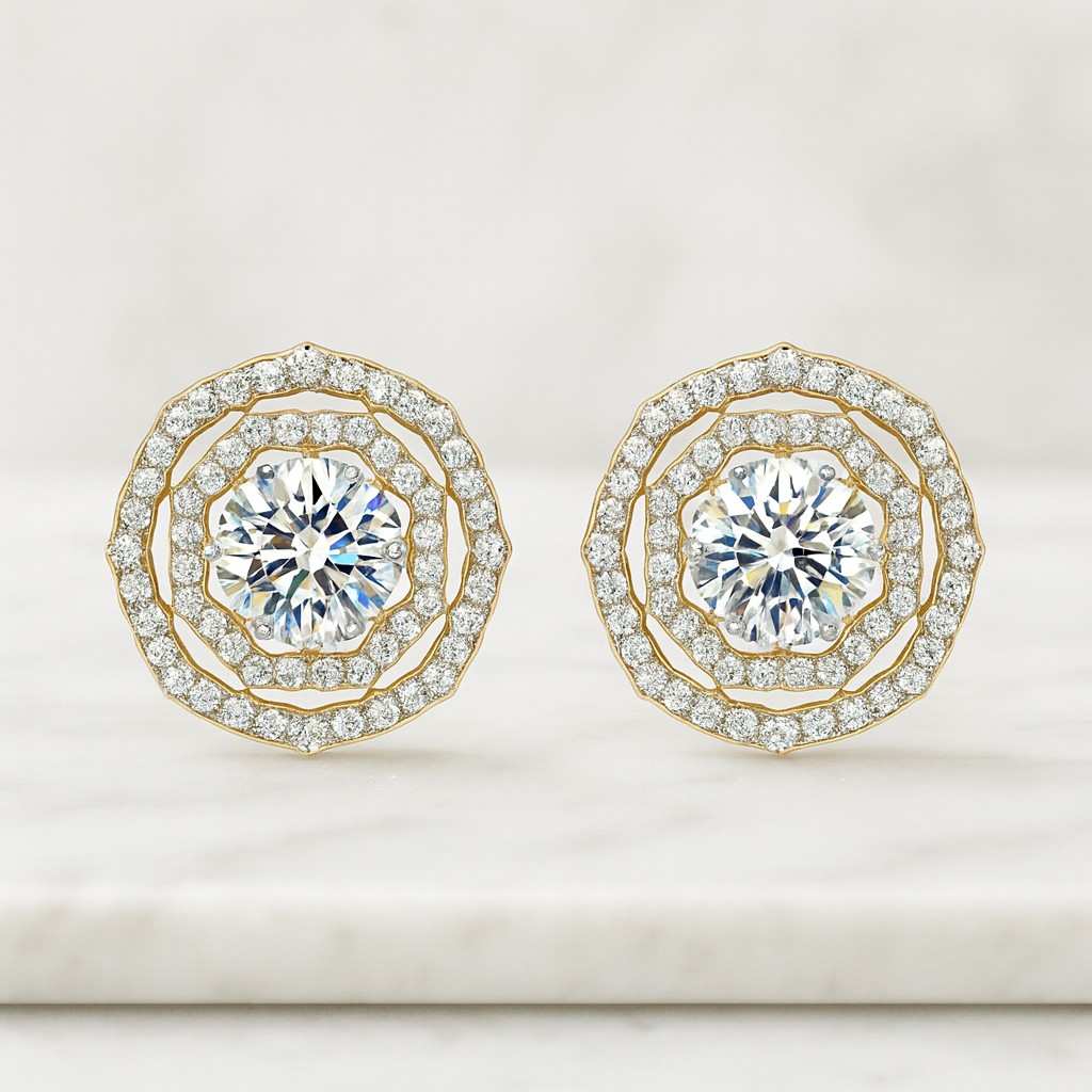 Round Cut Moissanite Stud Earrings For Hers Delicate Floral Wedding Earrings 14k Solid Gold Round Cluster Earrings Anniversary Gift For Wife