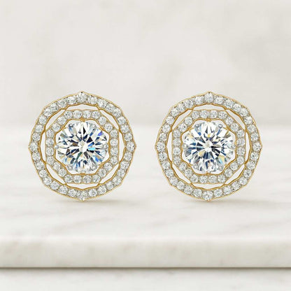 Round Cut Moissanite Stud Earrings For Hers Delicate Floral Wedding Earrings 14k Solid Gold Round Cluster Earrings Anniversary Gift For Wife