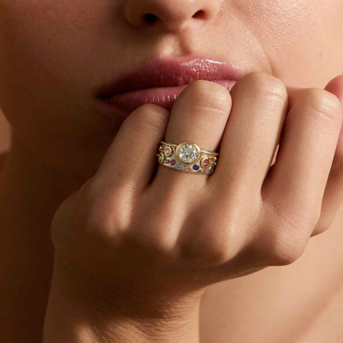 Round Cut Natural Colourful Tourmaline Ring For Women Solid Gold Wedding Engagement Band Gemstone Rainbow Color Ring Anniversary Ring Gift
