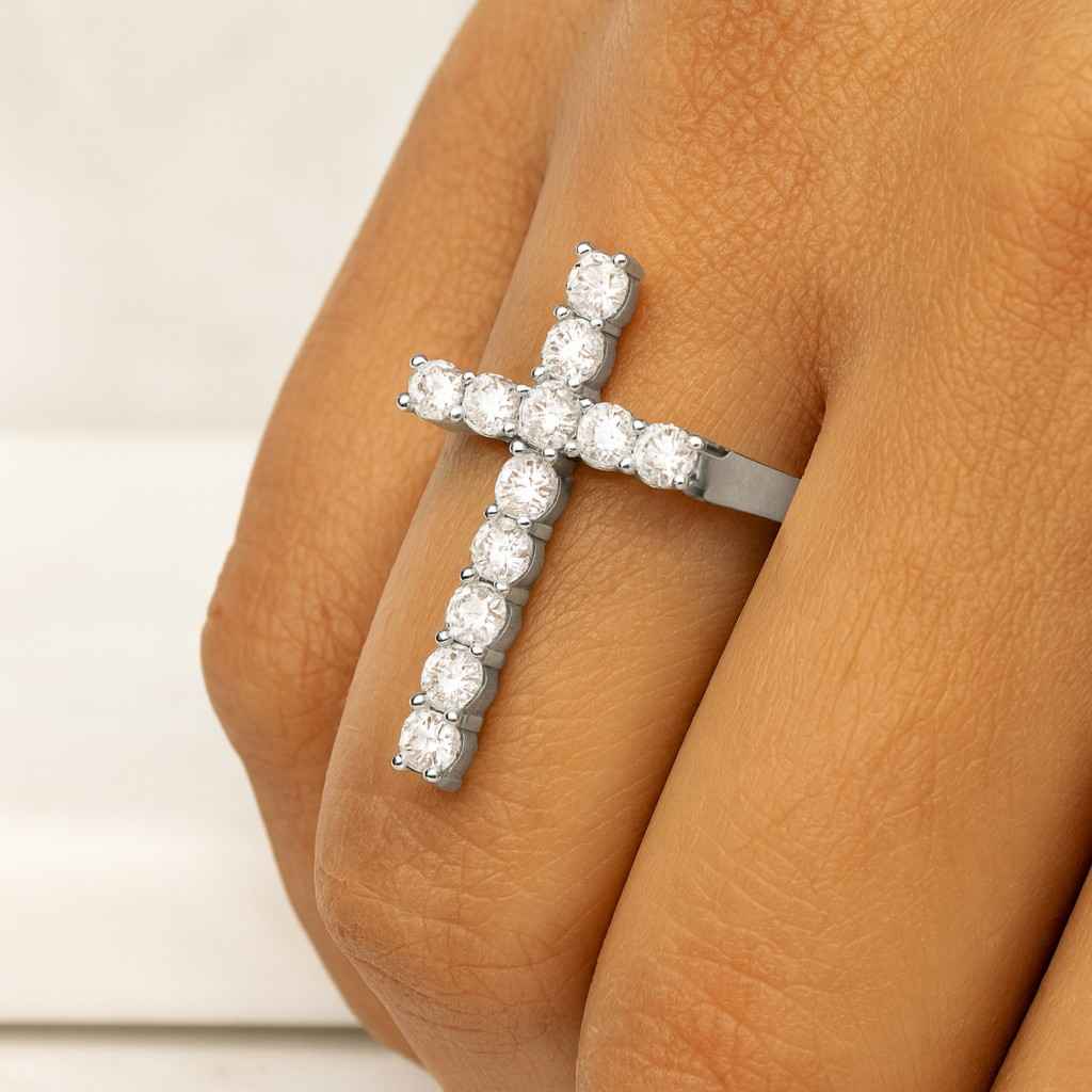Round Cut Natural Diamond Christian Cross Ring 14k Solid Gold Moissanite Flower Eternity Band Dainty Cross Wedding Ring For Women