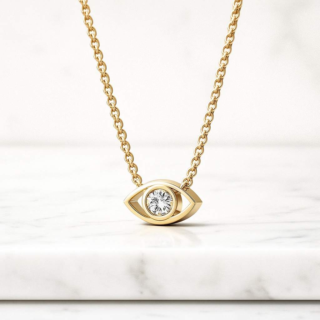 Round Cut Natural Diamond Evil Eye Pendant 14K Yellow Gold Earth Mine Diamond Pendant