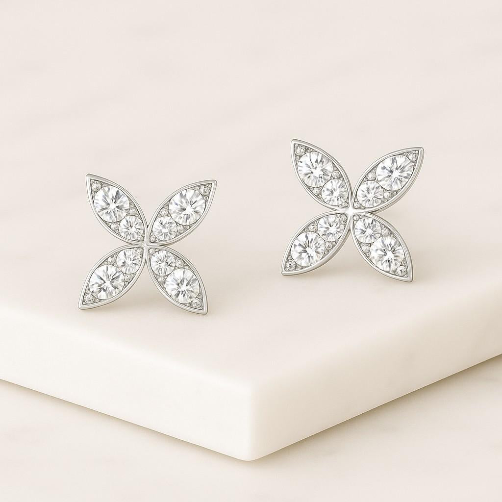 Round Cut Natural Diamond Flower Earrings Prong Set Diamond Dainty Stud Earrings