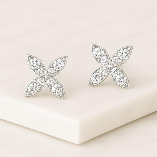 Round Cut Natural Diamond Flower Earrings Prong Set Diamond Dainty Stud Earrings