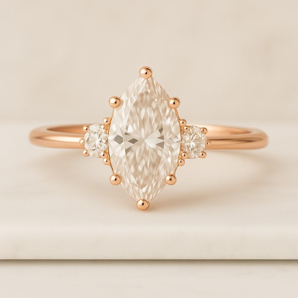Round Cut Side Diamond Ring V Shape Prong Set Ring Anniversary Gift
