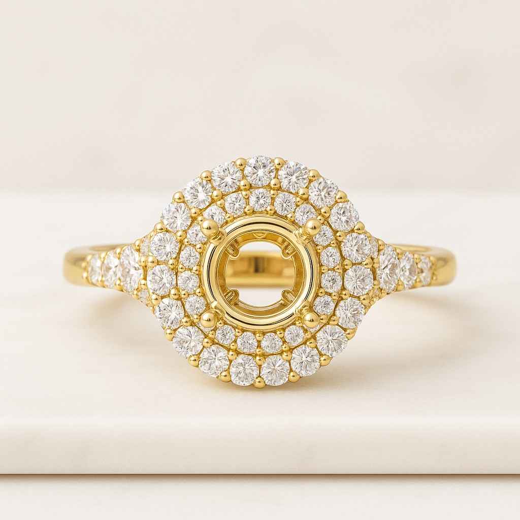 Round Cut SunBurst Moissanite Engagement Ring Flower Double Halo Ring Art Deco Floral Wedding Ring