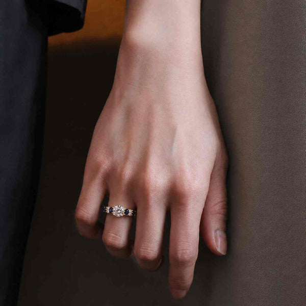 Round Cut Toi Et Moi Ring / Sapphire Gemstone And Lab Grown Diamond Two Stone Ring / 14K Yellow Gold Curved Accent Ring
