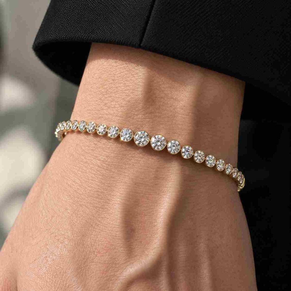 round diamond bezel set tennis bracelet, minimalist, solid gold, lab grown diamond or moissanite

