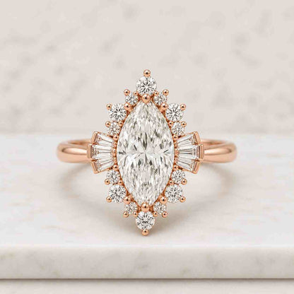 Round Diamond Engagement Ring Lab Grown Diamond Wedding Ring Gift for Her White Yellow Rose Gold Ring Halo Pave Set Side Accent Stone Ring