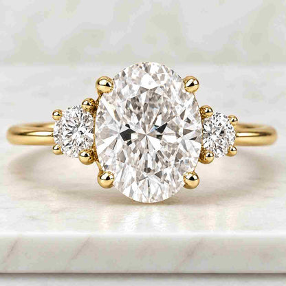 Round Diamond Engagement Ring Oval Trilogy Diamond Ring for Her Side Pear Diamond Ring Real Lab Grown Diamond Ring Hammer Finish Oval Ring