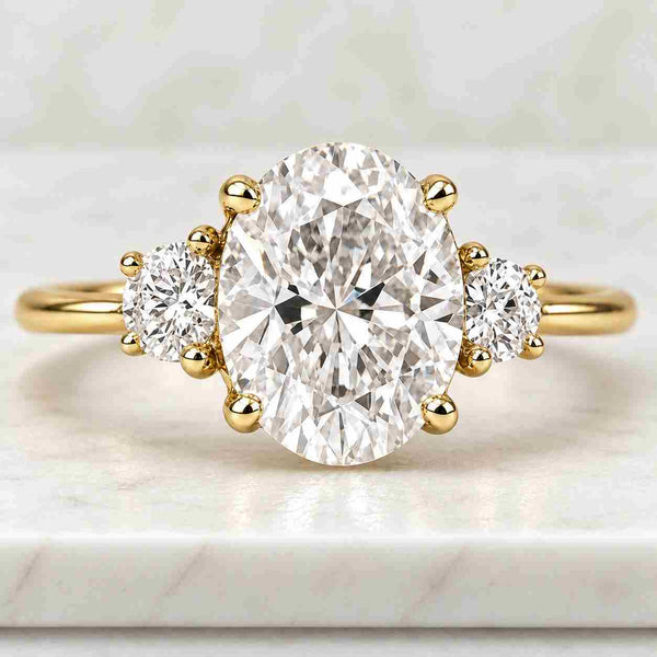 Round Diamond Engagement Ring Oval Trilogy Diamond Ring for Her Side Pear Diamond Ring Real Lab Grown Diamond Ring Hammer Finish Oval Ring