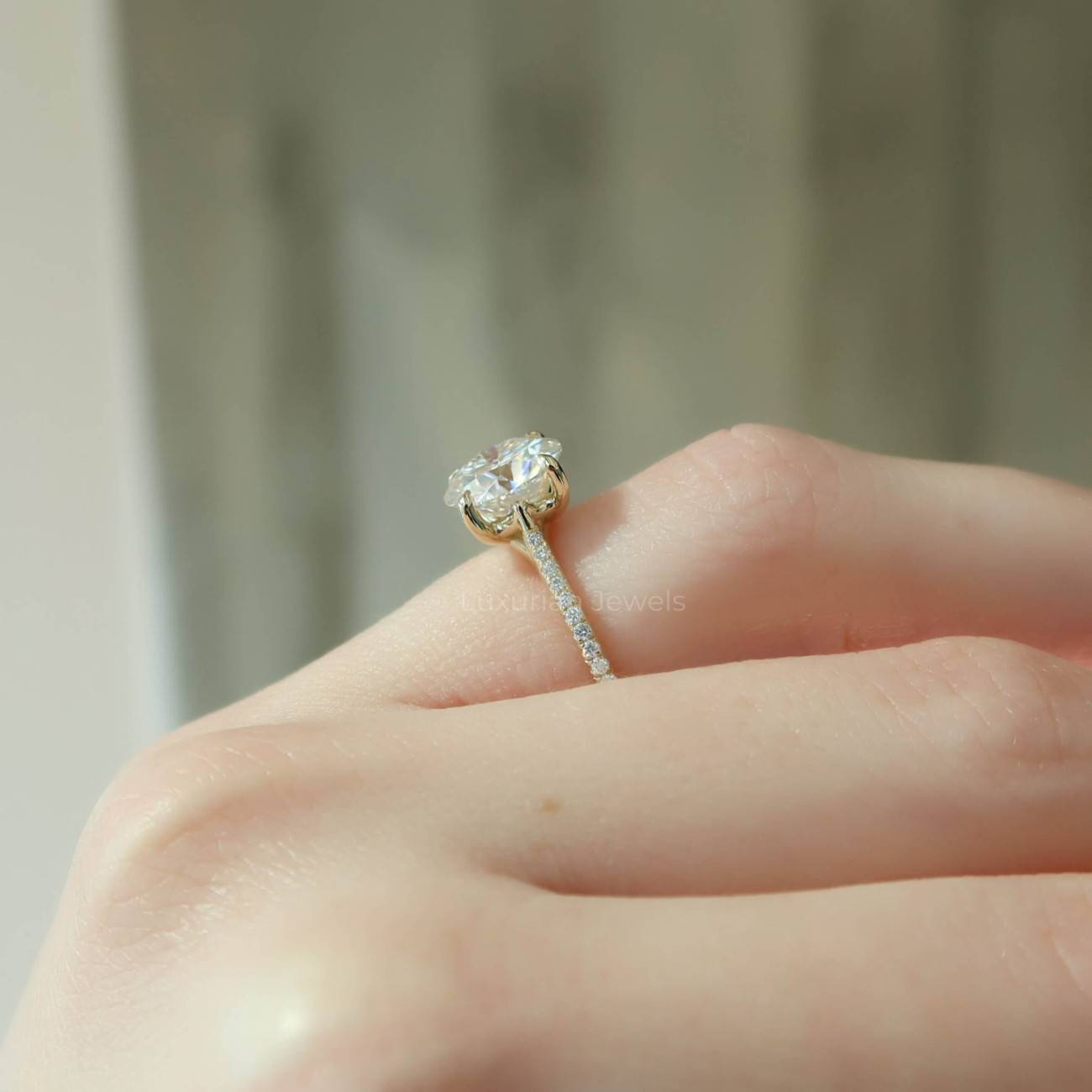 Round Diamond Engagement Ring Pave Band Lab Diamond Ring Diamond Solitaire Ring for Women Simple Promise Ring Side Stone Wedding Ring