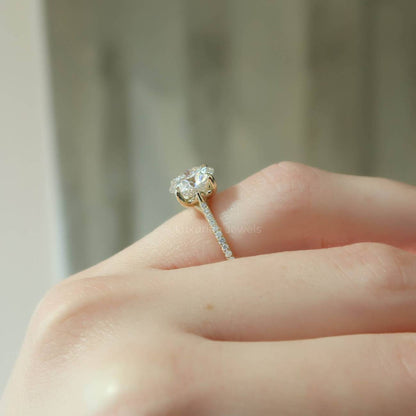 Round Diamond Engagement Ring Pave Band Lab Diamond Ring Diamond Solitaire Ring for Women Simple Promise Ring Side Stone Wedding Ring