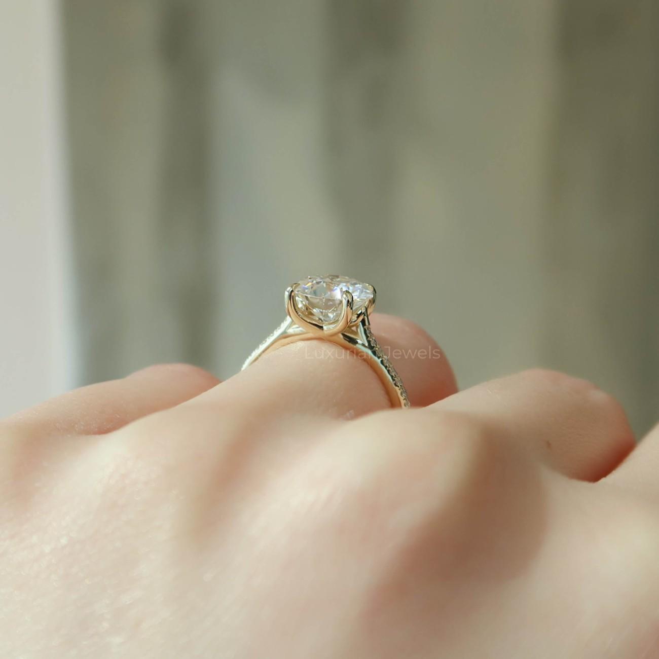 Round Diamond Engagement Ring Pave Band Lab Grown Diamond Ring Diamond Solitaire Ring