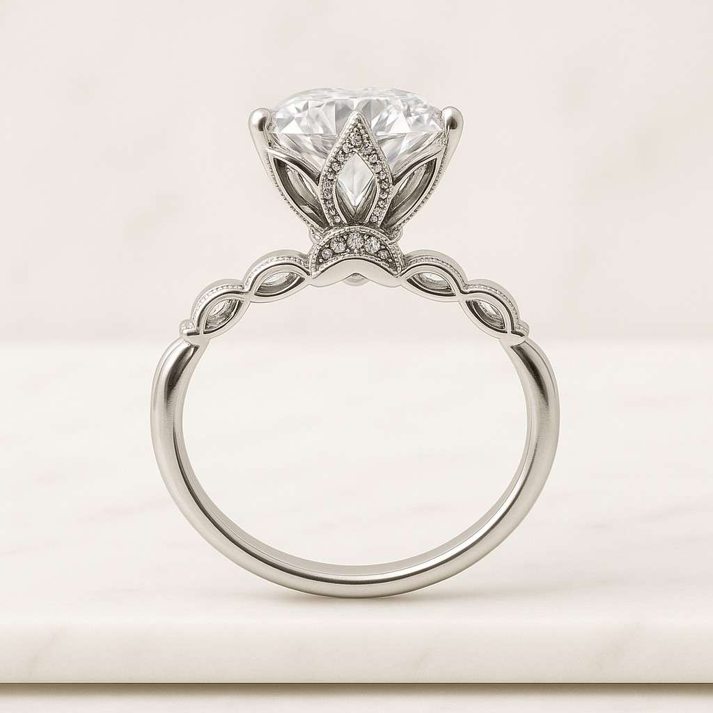 Round Diamond Engagement Ring Pave Band Lab Grown Diamond Ring Diamond Solitaire Ring for Women Simple Promise Ring Side Stone Wedding Ring