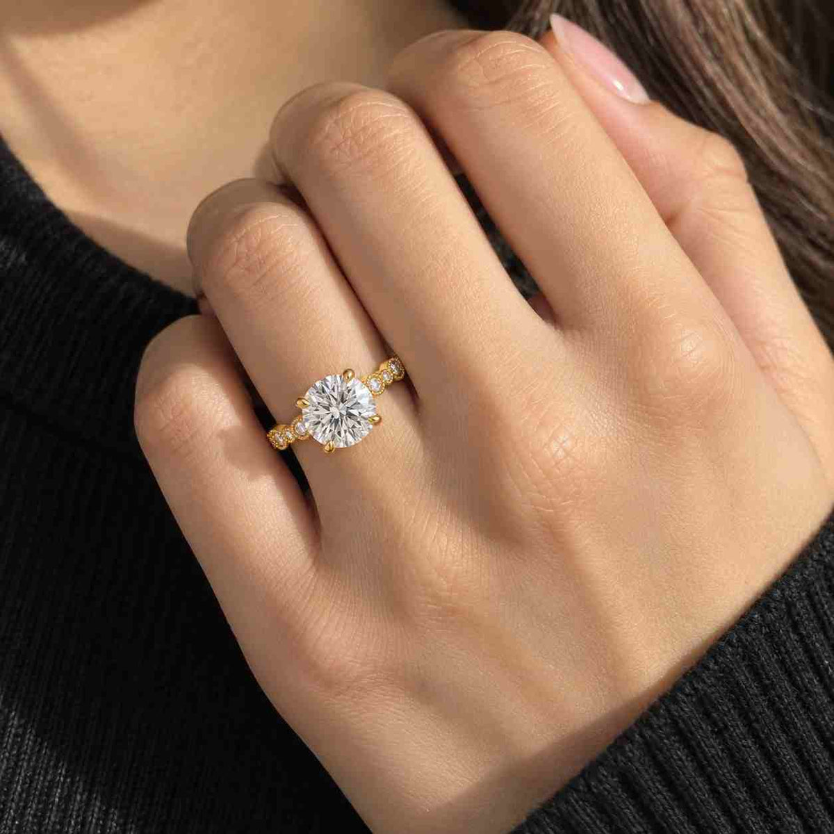 Round Diamond Engagement Ring Pave Band Lab Grown Diamond Ring Gift For Her