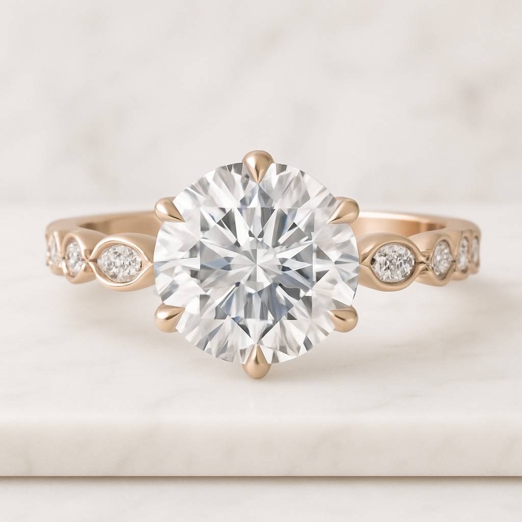 Round Diamond Engagement Rings Pave Set Side Stone Round Ring Round Diamond Ring Lab Grown Diamond Ring Wedding Anniversary Gifts for Wife