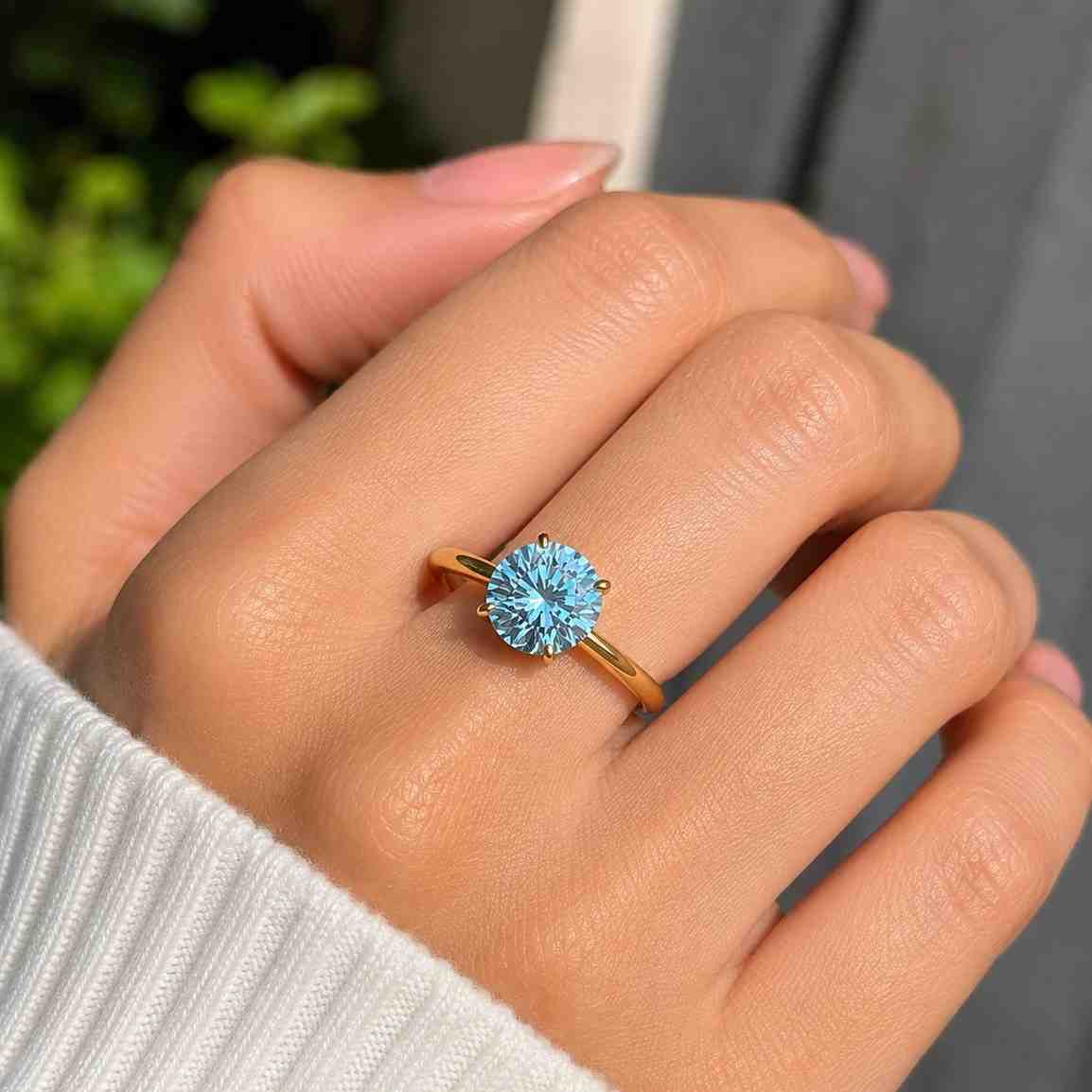 round diamond ring, blue engagement ring, lab grown diamond ring, blue solitaire ring,14k solid gold ring for women