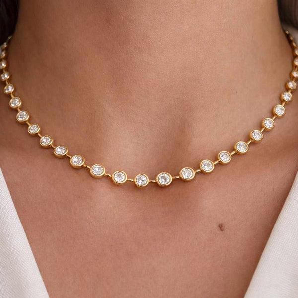 Round Diamond Tennis Necklace, Distance Diamond Bridal Necklace, Lab Grown Diamond Bezel Set Necklace, Bridal Necklace Gift for Her, 14k Solid Gold Bezel Set Lab Grown Diamond Tennis Necklace, Minimalist Jewelry, Birthday Gift For Mom,
