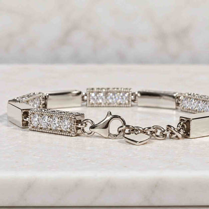 Round Diamond Two Row Pavé Bar Bracelet, 14K Gold lab Grown Diamond Chain Bracelet, Dainty Minimalist Wedding Jewelry
