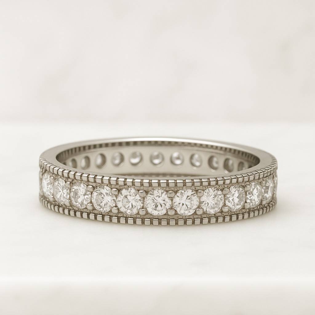 Round Diamond wedding band Milgrain Channel Set Diamond Half Eternity Band 14K Yellow Gold Band, wide wedding band stackable band for Her