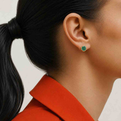 Round Emerald Lab Gemstone Stud Earrings, 14K Yellow Gold Bezel Set Women's Earrings, Emerald Earrings For her, Perfect gift
