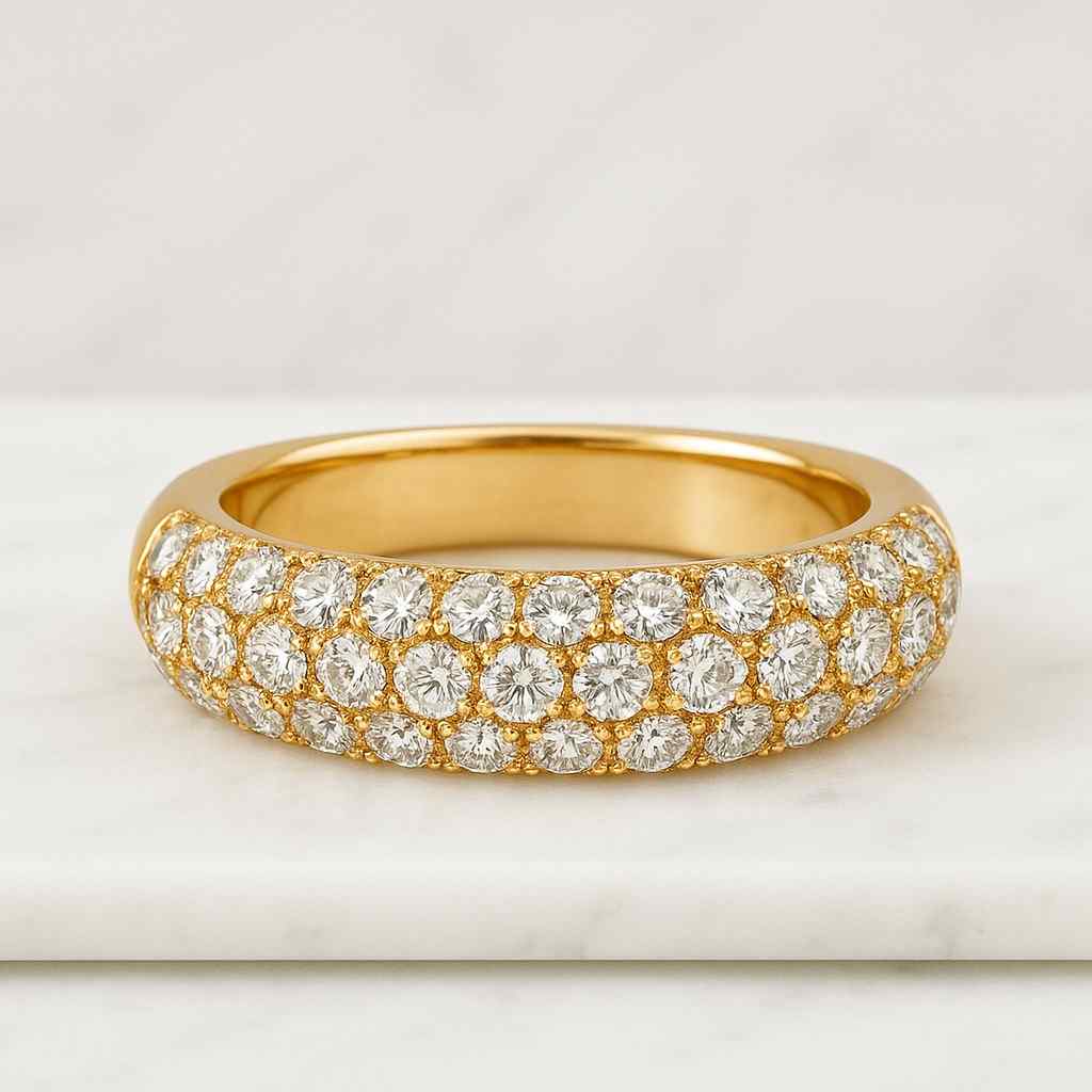 Round Flush Set Diamond Wedding Band 14K Gold Scattered Lab Diamond Ring for Women Dainty Wide Round Dome Ring