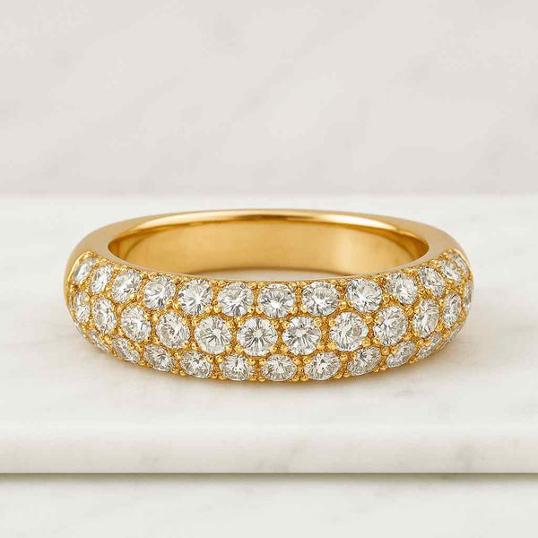 Round Flush Set Diamond Wedding Band 14K Gold Scattered Lab Diamond Ring for Women Dainty Wide Round Dome Ring