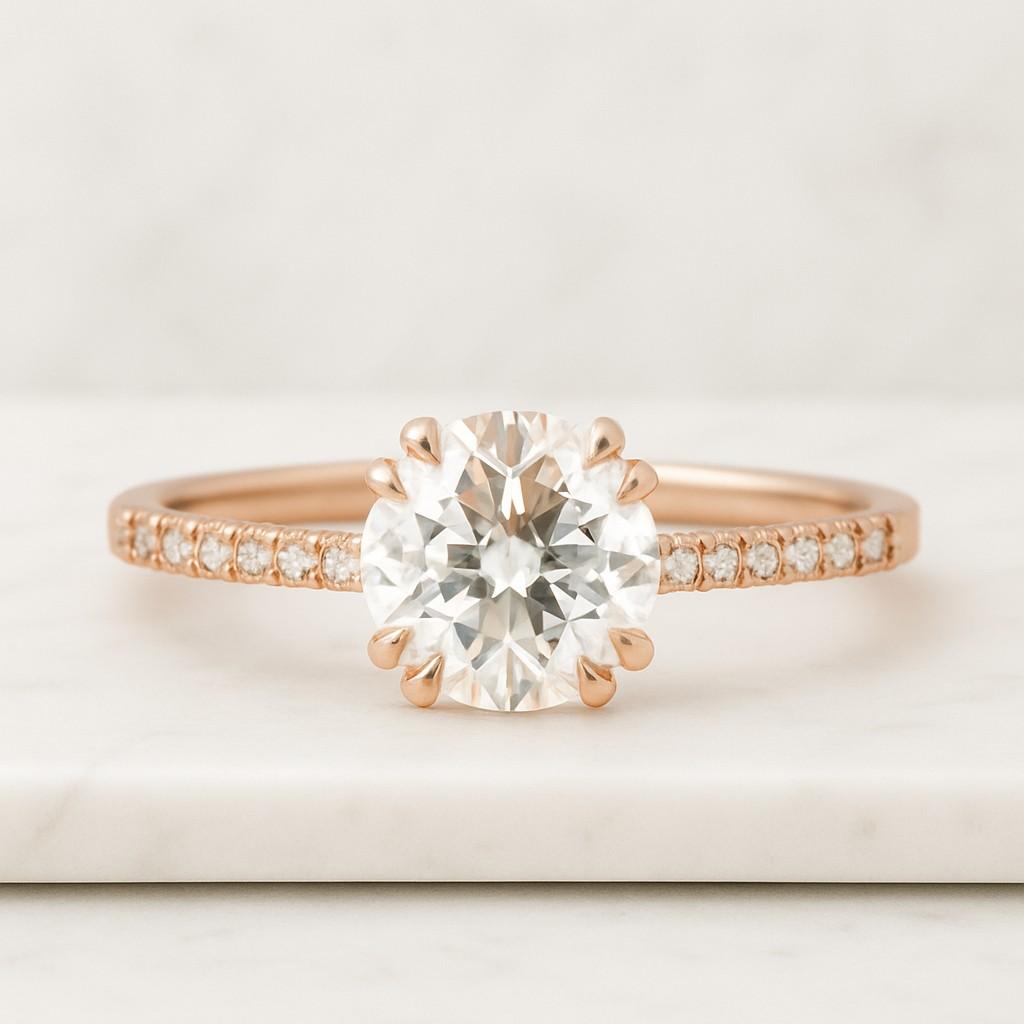 Round Halo Ring Half Eternity Pave Setting Ring 14K White Gold Bridal Wedding Ring