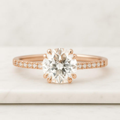 Round Halo Ring Half Eternity Pave Setting Ring 14K White Gold Bridal Wedding Ring