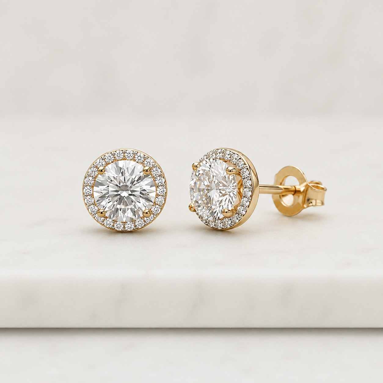 round halo set stud earrings, round lab grown diamond stud earring, push back wedding earrings, round diamond anniversary gift earrings.
