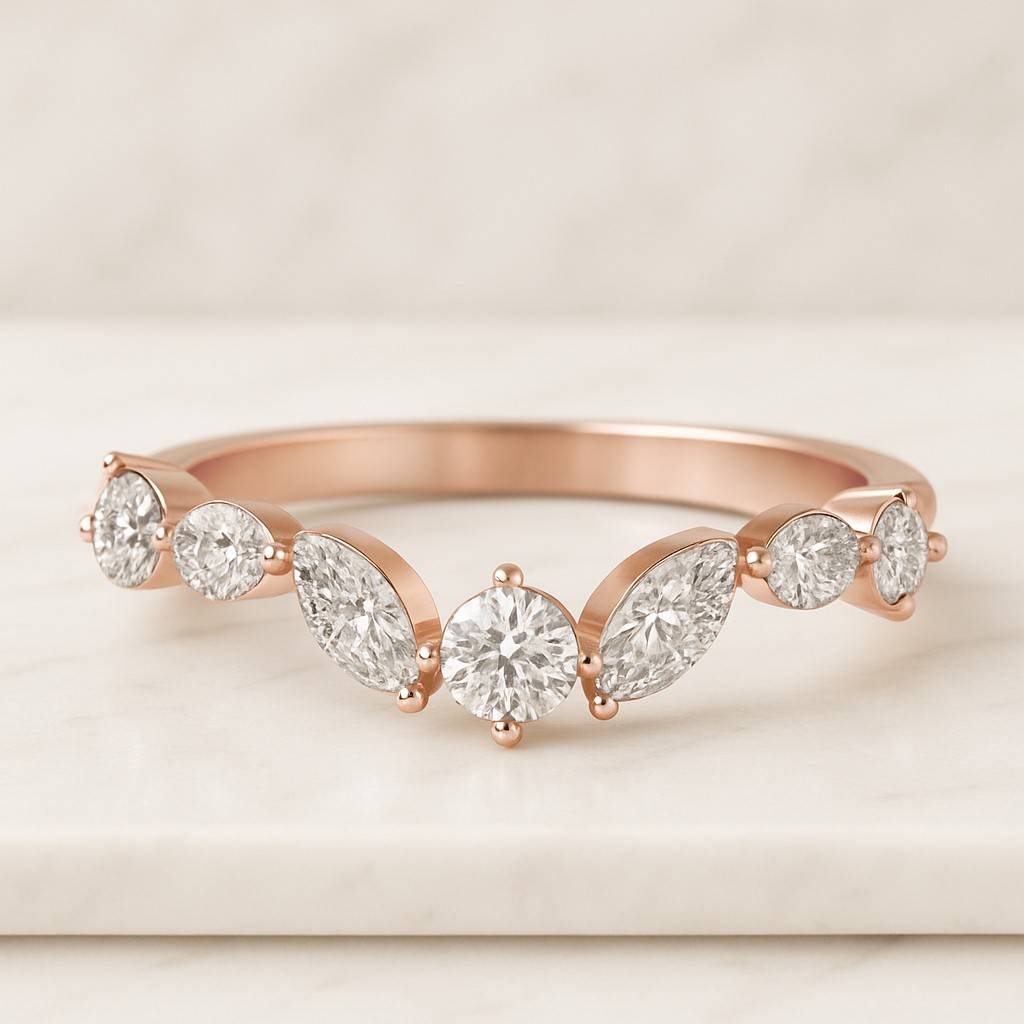 Round Lab Diamond Curved Ring Sustainable Wedding Band for Women Lab Create Diamond Band Ring Anniversary Gift for Wife Chevron Ring
