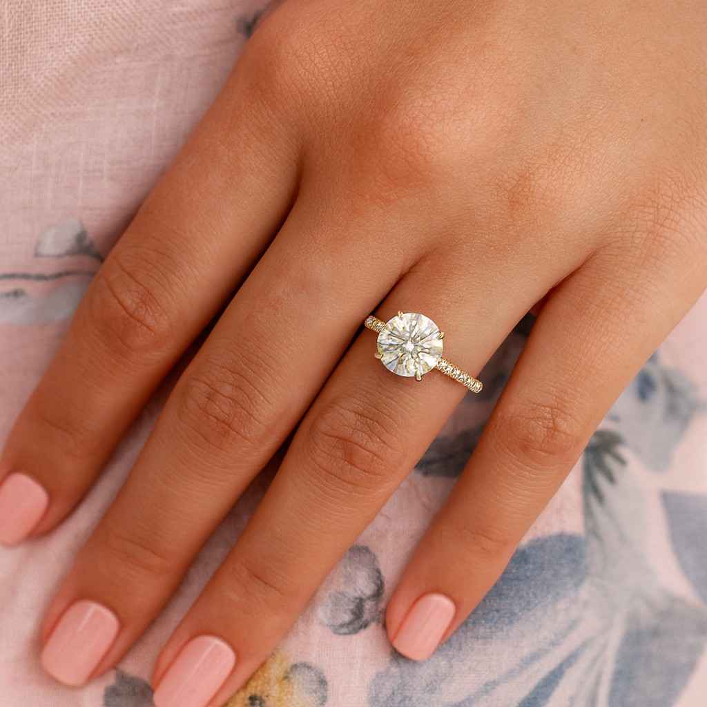 Round Cut Lab Diamond Engagement Ring Pave Set Anniversary Ring